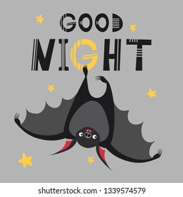 Good night poster, vector card, cute hand drawn poster with bat, vector illustration bat in scandinavian style, poster bat for kids, print bat