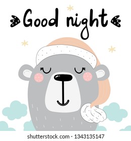 Good night print with cute bear and lettering