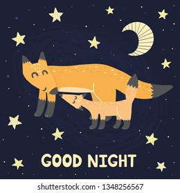 Good Night print with super cute foxes - mother and baby. Vector illustration