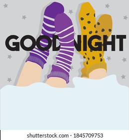 good night print. Vector hand drawn illustration of girls in socks. Creative artwork. Template for card, poster, banner, print for t-shirt, pin, badge, patch.