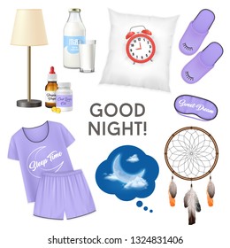 Good night realistic design concept with alarm clock on pillow glass of milk pajamas slippers isolated icons set vector illustration