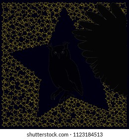 Good Night. Night scene with moon, stars, owl and wings. Nature.