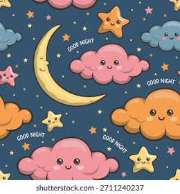 Buenas Noches Patrón Inconsútil Con Linda Nube, Luna Y Estrellas. Ilustración de dibujos animados de Vector