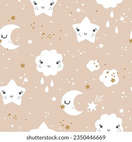 Good night seamless pattern, baby star and moon fabric pattern. Beige vector nursery wallpaper.
