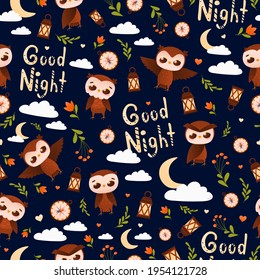 Good night seamless pattern with childish cute animal character owl on dark background, laterns and flowers