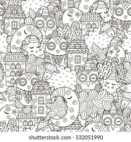 Good night seamless pattern for coloring book. Monochrome background with cute moon, owls, sheep, clouds, stars and houses. Vector illustration