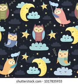 Good night seamless pattern with cute sleeping owls, moon and clouds. Sweet dreams background. Vector illustration