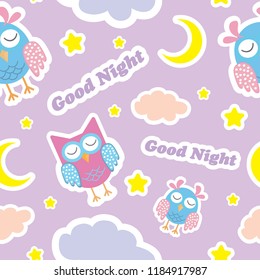 Good Night seamless pattern with cute sleeping owls, moon, stars and clouds. Sweet dreams background. Vector illustration