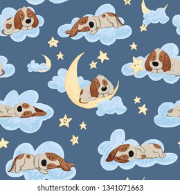 Good night seamless pattern with cute sleeping puppies, moon, stars and clouds. Sweet dreams background. Childish lovely doodle hand drawn vector illustration.