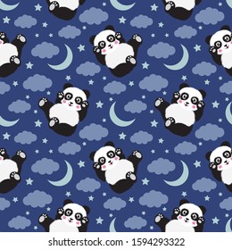 Good Night seamless pattern with cute panda bear, moon, stars and clouds. Sweet dreams background
