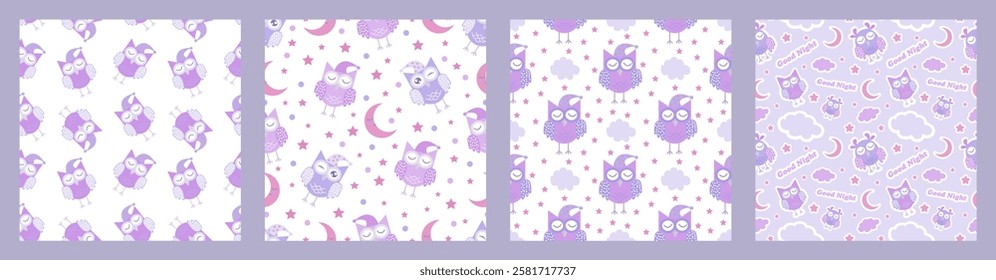 Good Night seamless pattern with cute sleeping owls, moon, stars and clouds. Sweet dreams background.