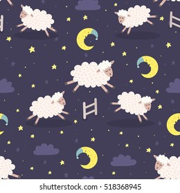 Good night seamless pattern with cute sheeps jumping over a fence. Sweet dreams background. Vector illustration