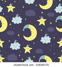 Buenas noches, sin fisuras, adorables luna dormida, estrellas y nubes. Dulces antecedentes de sueños. Ilustración del vector