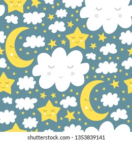 Good night seamless pattern. Half moon, clouds and star background. Cute vector illustration for baby design.