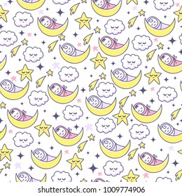 Good Night. Seamless pattern with sleep baby, clouds and stars. Vector background with cute kids. Sweet dreams. 