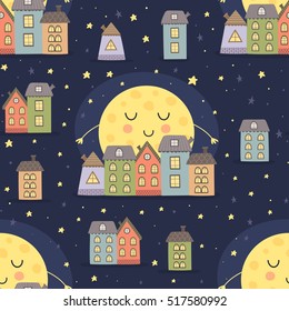 Good night seamless pattern with sleeping moon and cartoon city landscape. Vector illustration