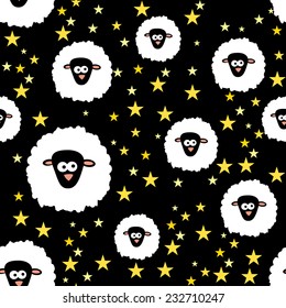 Good Night Seamless Pattern. Vector Illustration with Sky in Stars and Sheep. 