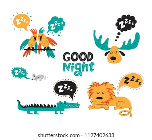 Good night set. Animals vector collection with speech bubbles Z Z Z Z in cartoon style isolated on white background.. Lion, parrots, moose, crocodile, mouse. Vector illustration. For nursery, prints