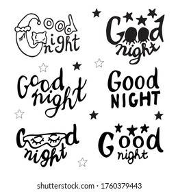 Buenas Noches. Conjunto de seis afiches tipográficos dibujados a mano. Colección de diseño caligráfico con letras a mano. Tipografía vectorial inspiradora aislada en un fondo blanco. 
