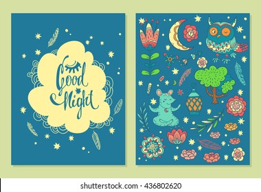 Good night. set of vector backgrounds with cute characters on the wonderful glade