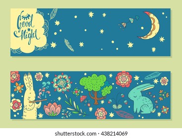 Good night. set of vector backgrounds with cute characters on the wonderful glade