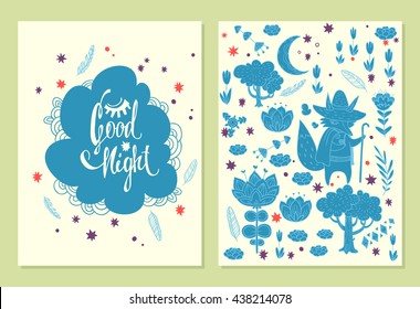 Good night. set of vector backgrounds with cute character on the wonderful glade