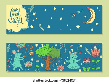 Good night. set of vector backgrounds with cute characters on the wonderful glade