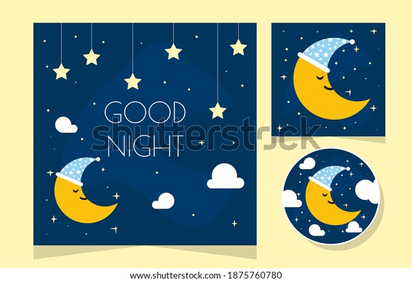 Good night sky card. Night scene with moon and\
stars. Nightly sky with large moon. Vector illustration with moon\
and stars night scene. Moonlight universe nature landscape.\
Astronomy star space.