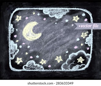 Good night sleep. Chalkboard isolated texture background. Hand drawn vector illustration. Kids, children beautiful drawing. Web and mobile interface template. Blue, yellow colors. Moon light