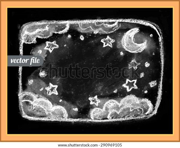 Good night sleep. Chalkboard isolated texture
background. Hand drawn vector illustration. Kids, children
beautiful drawing. Web and mobile interface template. Black and
white, brown colors. Moon
light