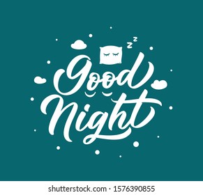 Good night, sleep lettering phrase. Hand drawn composition for your cards and banners. Vector illustration on blue backgrond. Handwritten composition for your design, interior labels, stickers