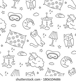 Good night. Sleep seamless pattern in doodle style. Hand drawn vector illustration on white background