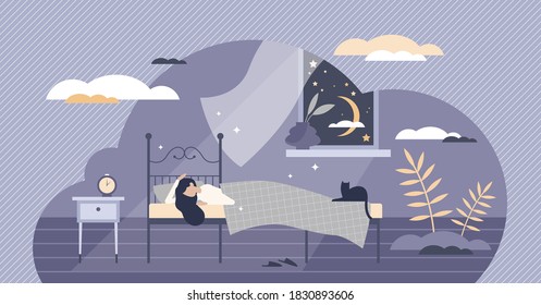 Good night sleep and sweet dreams as healthy relaxation tiny person concept. Tight nap and rest in bedroom for energy recovery vector illustration. Comfy pillow and blanket for undisturbed calmness.