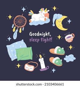 Good night, sleep tight lettering hand drawn phrase with sleeping accessories, hand drawn flat vector illustration. Sleep and bedtime kids poster or banner layout.