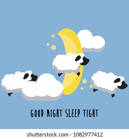 Good night sleep tight sheep jumping over the moon vector illustration