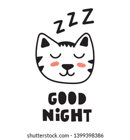 Good night. Sleeping cat. Hand drawn icon. Vector illustration for greeting card, textile t shirt, print, kids nursery, stickers, posters design.