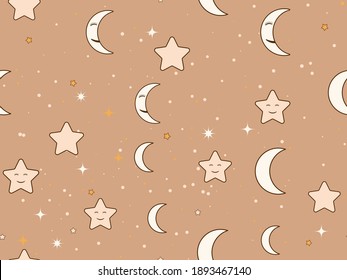 Good night. Sleeping crescent and stars seamless pattern. Night sky. Sweet dream, print for bed linen, pajamas and paper. Vector illustration