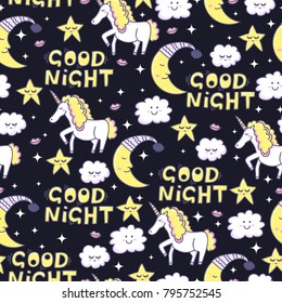 Good Night. Sleeping seamless pattern with unicorn, stars, clouds, lips and moon. Magical background for baby. 