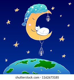 
Good night smiling moon vector illustration with sleeping white cat in space universe, shining stars and earth