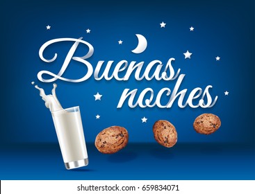 Good night  - in spanish language, paper hand lettering calligraphy. Vector illustration with food, drink and text.