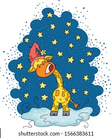 Good night stars blue illustration with cute giraffe
