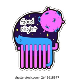 Good night Sticker. Vector illustration of cat on the radiator night background moon stars. Ideal Sticker template design isolated transparent background. EPS 10