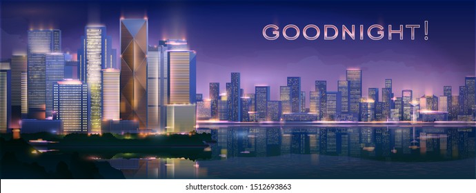 Good night. Stock vector illustration background city night in neon style architecture buildings and monuments town country travel flyer. Eps 10.