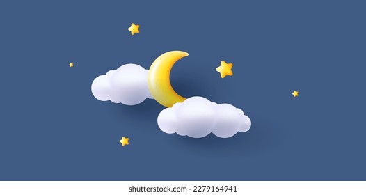 Good night and sweet dreams 3d illustration with yellow crescent and soft clouds with stars