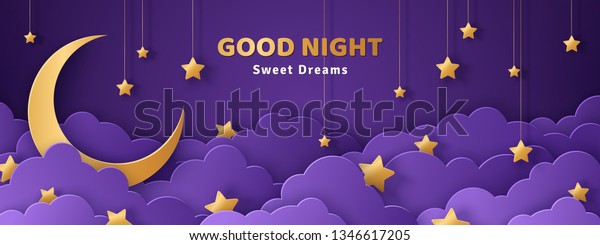 Good night and sweet dreams home nursery wallpaper. Fluffy clouds on dark sky background with gold moon and hanging stars. Vector illustration. Place for text