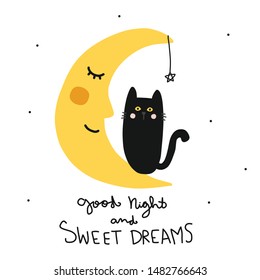 Good night and sweet dreams black cat and half moon smile cartoon vector illustration doodle style