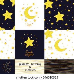 Good night and sweet dreams collection. Seamless patterns and elements. Lovely moon and stars for your design.