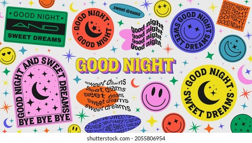 Good Night and Sweet Dreams Cool Vector Illustration. Trendy Retro Stickers.