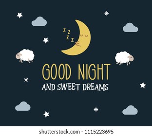 Good Night and sweet dreams cute vector card. Editable illustration with message, cute lambs and moon, clouds and stars.