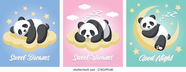 Good night and sweet dreams cute pandas sleeping on the moon, clouds and stars with blue, pink and green background. Vector illustration in a cartoon style.